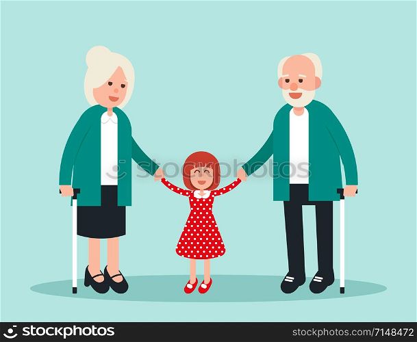 Family. Two elderly with grandchild. Concept elderly vector illustration. Design flat character.