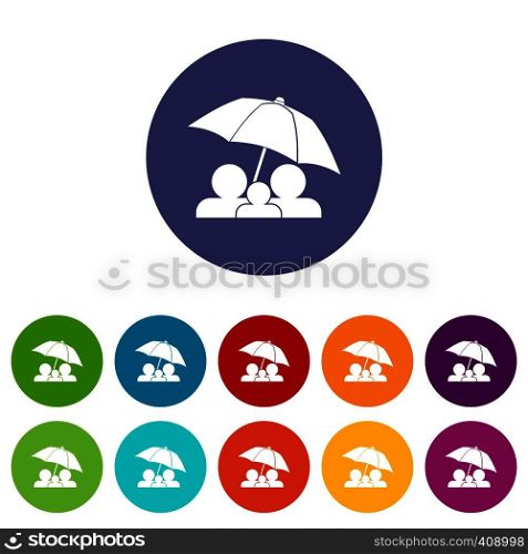 Family under umbrella set icons in different colors isolated on white background. Family under umbrella set icons