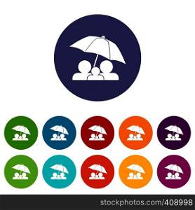 Family under umbrella set icons in different colors isolated on white background. Family under umbrella set icons