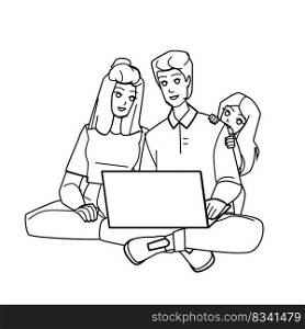 family using computer line pencil drawing vector. home computer, mother child girl, father together, laptop using, kid sofa, daughter woman family using computer character. people Illustration. family using computer vector