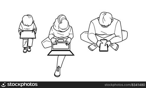 family using internet line pencil drawing vector. home child, mother laptop, computer sofa, daughter father sitting tablet, kid girl, entertainment device family using internet character. people Illustration. family using internet vector