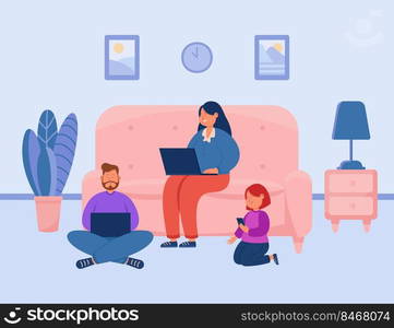 Family using laptops and phone instead of real communication. Addicted people sitting with digital devices on home floor and couch flat vector illustration. Dependence on social media concept. Family using laptops and phone instead of real communication