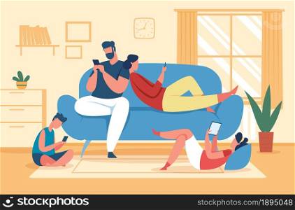 Family using smartphones and tablets, parents and kids with phones. Social media addiction, children use gadgets at home vector illustration. Father, mother and children with devices. Family using smartphones and tablets, parents and kids with phones. Social media addiction, children use gadgets at home vector illustration