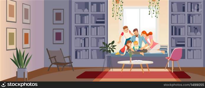 Family using tablet, mobile smartphone to perform online shopping. Vector cartoon illustration