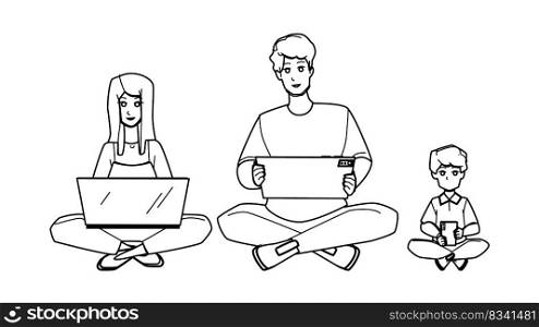 family using technology line pencil drawing vector. father mother, using home, internet technology, tablet child, computer girl, together laptop, family using technology character. people Illustration. family using technology vector
