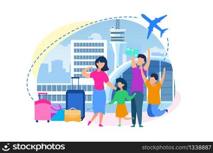 Family Vacation Flight Flat Vector Concept. Happy Parents with Children Buying Airline Tickets in Airport Terminal, Enjoying Arrival to Journey Destination Illustration Isolated on White Background