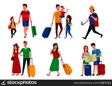 Family vacation. Happy tourist holiday vacations, travel couple and tourists group. Travelling leisure, family vacation or traveler character activity. Cartoon vector isolated icons set. Family vacation. Happy tourist holiday vacations, travel couple and tourists group cartoon vector set