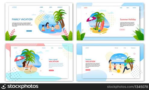Family Vacation on Summer Holidays Landing Page Set. Best Proposition from Online Travel Agency. Parents and Children, Woman Along Having Fun and Rest on Tropical Beach. Vector Illustration. Summer Holidays Family Vacation Landing Page Set