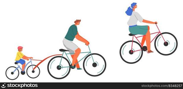 Family vacation or rest, parents and children riding bicycles. Mother and father with kid, outdoor recreation and relaxation. Man and woman cycling teaching kid. Cyclists, vector in flat style. Mother and father with boy kid riding bicycles