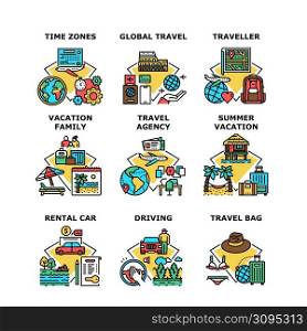 Family Vacation Set Icons Vector Illustrations. Rental Car Driving On Summer Family Vacation, Traveling Agency Offering Global Travel For Traveler. Worldwide Time Zones Color Illustrations. Family Vacation Set Icons Vector Illustrations