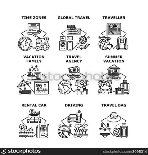 Family Vacation Set Icons Vector Illustrations. Rental Car Driving On Summer Family Vacation, Traveling Agency Offering Global Travel For Traveler. Worldwide Time Zones Black Illustration. Family Vacation Set Icons Vector Illustrations