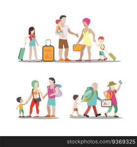 Family vacation set. Man woman children going have fun interesting holidays illustration. Travelling tourism life style collection.