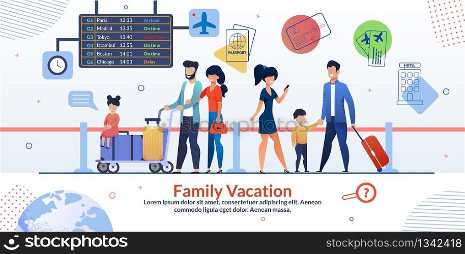 Family Vacation Travelling Advertising Poster. Two Married Couples with Children and Luggage in Airport. Abroad Travelers Characters. Arrival and Departure Board. Check-in. Vector Flat Illustration. Family Vacation Aircraft Travelling Ad Poster