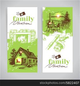 Family vacation vintage banner set with hand drawn sketch vector illustrations