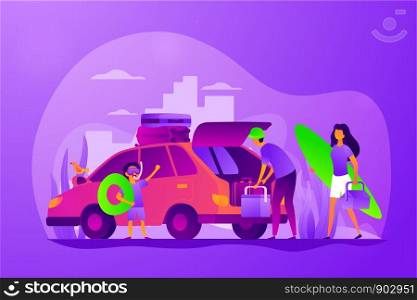 Family vacations, all ages vacation, fantastic family adventure concept. Colorful vector isolated concept illustration with tiny people and floral organic elements. Hero image for website.. Family vacation vector concept vector illustration.
