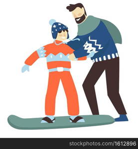 Family vacations and holidays activities in winter. Father teaching small son to snowboard. Dad or instructor helping kid to learn sports basics. Recreation and relaxation in cold season vector. Dad teaching son to snowboard, winter sports vector