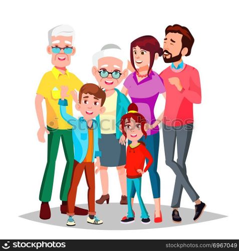 Family Vector. Full Family. Portrait. Dad, Mother, Kids, Grandparents Poster Advertising Template Isolated Cartoon Illustration. Family Vector. Cheerful. Mom, Dad, Children, Grandparents Together. Banner, Flyer, Brochure Design. Isolated Cartoon Illustration