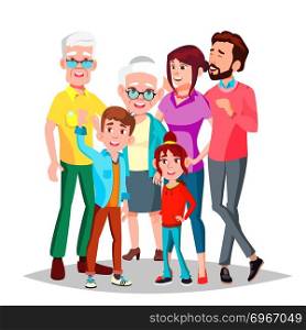Family Vector. Full Family. Portrait. Dad, Mother, Kids, Grandparents Poster Advertising Template Isolated Cartoon Illustration. Family Vector. Cheerful. Mom, Dad, Children, Grandparents Together. Banner, Flyer, Brochure Design. Isolated Cartoon Illustration