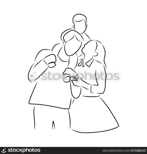 Family, vector. Hand drawn sketch. Man, woman and child. The child sits on the shoulders of the father.