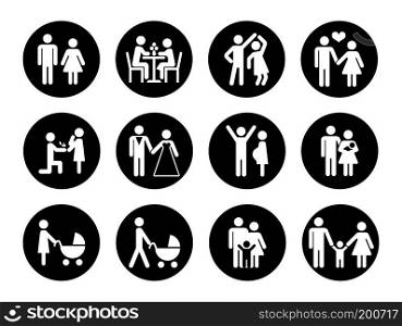 Family vector icons set in black and white. Love family, male and female with child illustration. Family vector icons set in black and white