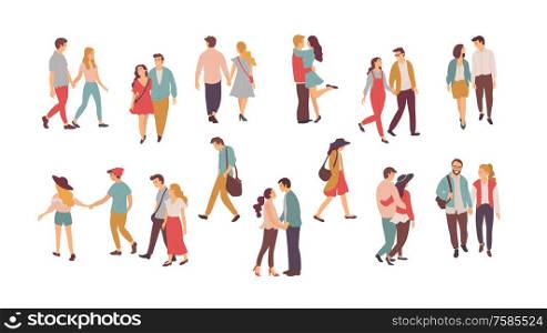 Family vector, people walking in pairs, holding hands of each other. Happy romantic couples, hugs and embraces, lonely woman and lone man with sad faces. Couples in Love Walking and Holding Hands Set