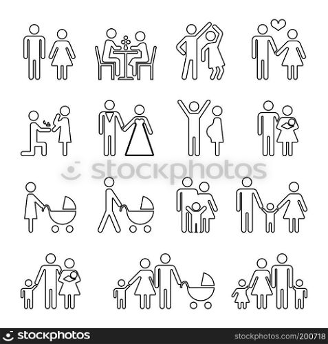 Family vector thin line icons set in black and white. Collection of linear family situation illustration. Family vector thin line icons set in black and white