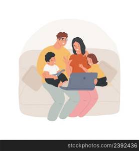 Family video chat isolated cartoon vector illustration. Family members sitting on sofa in front of tablet, having video chat with relatives, waving hands, online communication vector cartoon.. Family video chat isolated cartoon vector illustration.