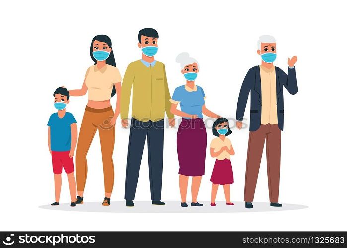 Family virus. Cartoon old and young characters wearing medical respirator masks for coronavirus and infection. Vector flue protection concept, wearing protective mask girl, child, women, men. Family virus. Cartoon old and young characters wearing medical respirator masks for coronavirus and infection. Vector flue protection concept