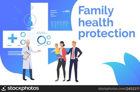 Family visiting doctor at health center vector illustration. Heath center, healthcare, diagnostic center. Family health protection concept. Creative design for presentations, templates, banners