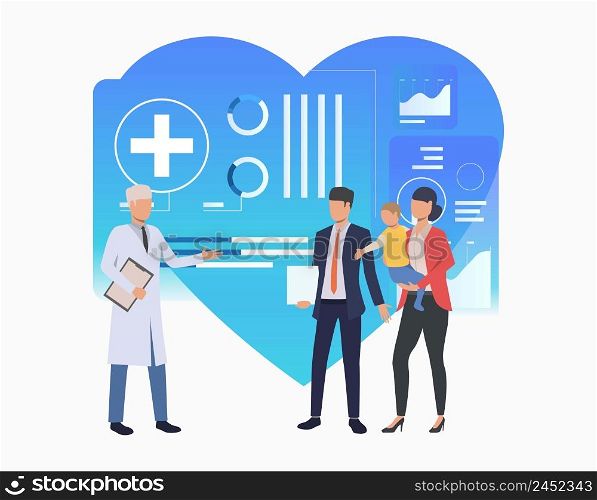 Family visiting modern clinic vector illustration. Family practice center, electronic medical record, diagnostic center. Family health concept. Creative design for layouts, web pages, banners