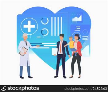 Family visiting modern clinic vector illustration. Family practice center, electronic medical record, diagnostic center. Family health concept. Creative design for layouts, web pages, banners