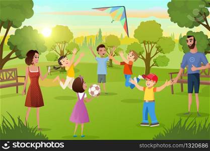 Family Walk in City Park Cartoon Vector. Happy Father and Mother Spending Time with Son and Daughter, Children Playing Ball with Friends, Launching Kite on Green Meadow Illustration. Family Leisure