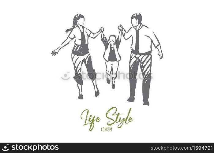 Family walking concept sketch. Happy family raising child together. Parents spending quality time with little boy. Having fun with parents outside, outdoors. Isolated vector illustration. Family walking concept sketch. Isolated vector illustration