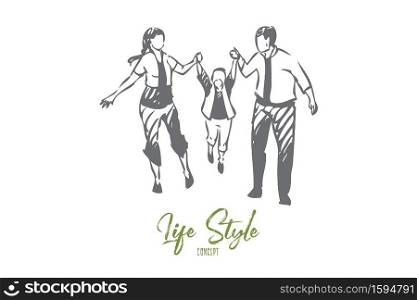 Family walking concept sketch. Happy family raising child together. Parents spending quality time with little boy. Having fun with parents outside, outdoors. Isolated vector illustration. Family walking concept sketch. Isolated vector illustration