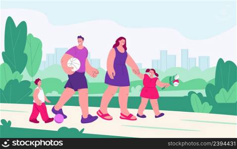 Family walking in city park. People on weekend, cartoon man woman and kids walk outdoor. Activity on nature, fun kicky adults and children vector scene. Illustration of park family weekend. Family walking in city park. People on weekend, cartoon man woman and kids walk outdoor. Activity on nature, fun kicky adults and children vector scene