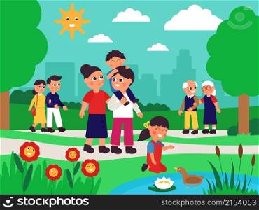 Family walking in park. Different persons in city garden, happy walk with children. Cute cartoon kids parents and old couple decent vector scene. Illustration of family park outdoor walking. Family walking in park. Different persons in city garden, happy walk with children. Cute cartoon kids parents and old couple decent vector scene