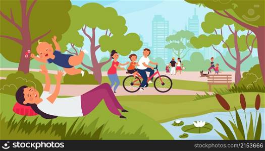Family walking in park. Kids with father, children walk with parents. Woman play daughter in city garden, happy parenthood decent vector concept. Illustration mother and father walk in park. Family walking in park. Kids with father, children walk with parents. Woman play daughter in city garden, happy parenthood decent vector concept