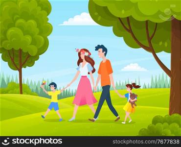 Family walking in park or countryside, people walk at nature, woman with flower on head, parents holding hands with daughter and son, spend leisure time together, family outdoors activity, summertime. Family walking in park or countryside, family walk at nature, woman with flower wreath on head