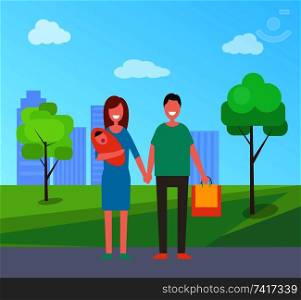 Family walking in park vector banner in cartoon style. Young couple holding hands, mother with infant in arms, father carrying packages among trees. Family Walking in Park Vector Banner Cartoon Style