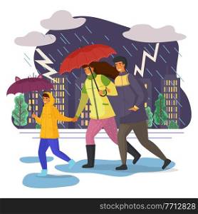 Family walking in the rain with umbrella and wearing raincoats in the city park, thunder and lightning in the sky. Father, mother and daughter together on a rainy day, running through the puddles. Family walking in the rain with umbrella, running through the puddles, lightning in the sky
