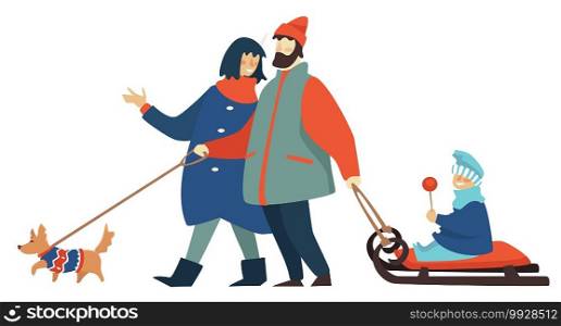Family walking in winter, mother and father with kid sitting on sled. Mom and dad with child and pet on leash. Relaxation outdoors in wintertime, activities and recreation. Vector in flat style. Mother and father with pet and kid on sled