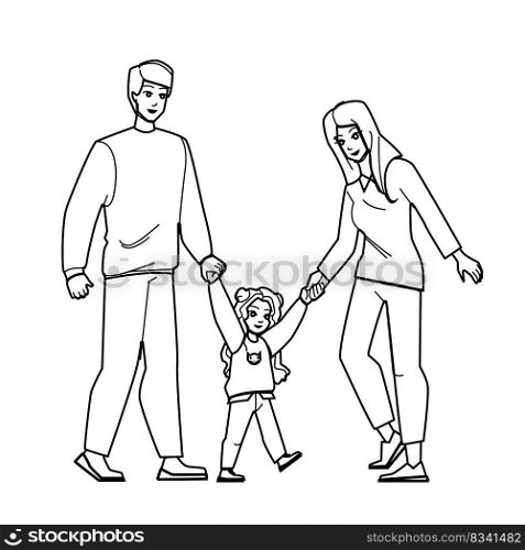 family walking line pencil drawing vector. mother child, woman father, together happy, walk young, nature girl, love man, beautiful summer, joy, parent family walking character. people Illustration. family walking vector