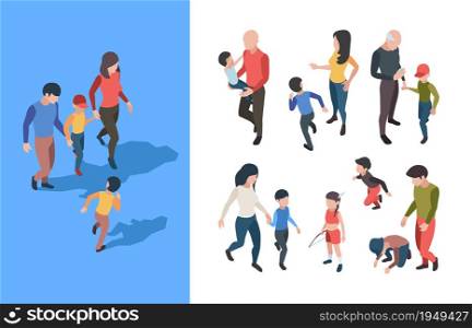 Family walking. Parents playing with kids happy family adolescent person garish vector isometric collection. Family isometric playing with childen illustration. Family walking. Parents playing with kids happy family adolescent person garish vector isometric collection