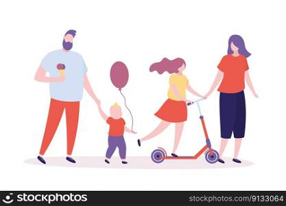 Family walking. Parents with children isolated on white background. Weekend walk concept.Human characters in trendy style. Vector illustration