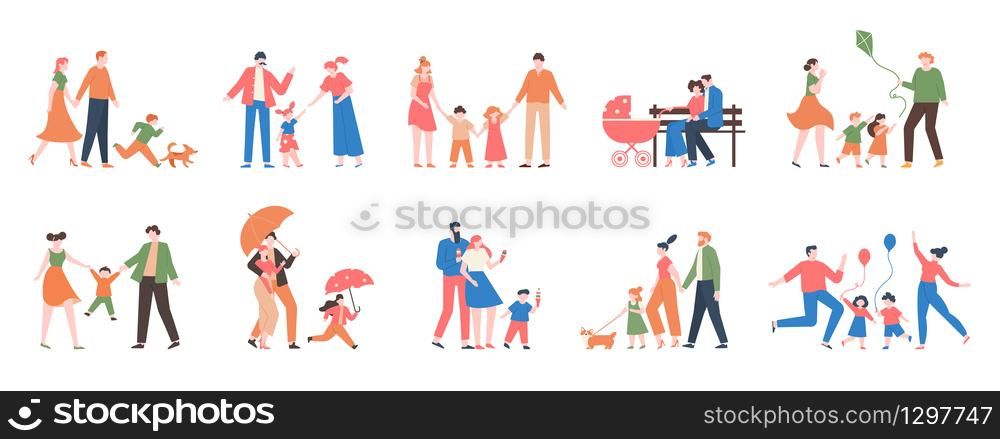 Family walking. Relatives people outdoor, mom, dad and kids at walk, have fun together, active lifestyle of cute family vector illustration set. Dad and mother with kids walk together outdoor. Family walking. Relatives people outdoor, mom, dad and kids at walk, have fun together, active lifestyle of cute family vector illustration set