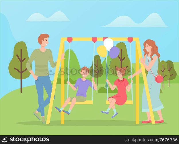 Family walking together, children swinging on a slide swing at playground. Happy cartoon kid with parents playing on the backyard. Childrens summer playing field, recreational outdoor activities. Family walking together, children swinging on a slide swing. Happy cartoon kids with parents