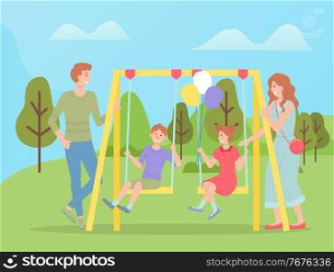 Family walking together, children swinging on a slide swing at playground. Happy cartoon kid with parents playing on the backyard. Childrens summer playing field, recreational outdoor activities. Family walking together, children swinging on a slide swing. Happy cartoon kids with parents