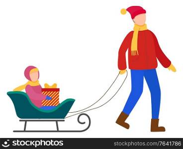 Family walking together outdoor in winter. Father rides his child on sled. People strolling in warm clothes like hat and scarf. Kid sitting on sleigh with present in box. Vector in flat style. Father Rides Kid on Sled, Winter Cold Weather