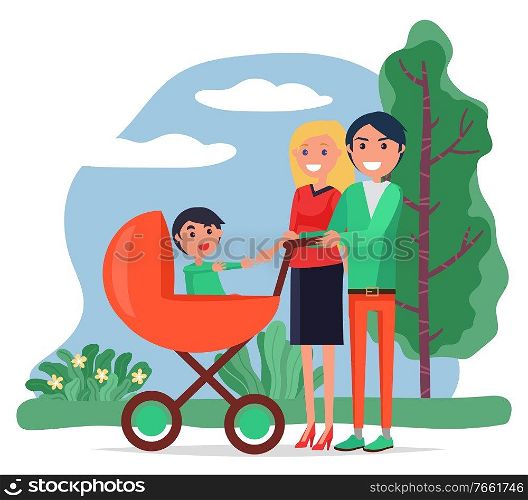 Family walking with baby carriage, mother, father and child walking outdoor, recreational activity vector. Man and woman with son in stroller. Weekend, husband and wife with child in pram illustration. Summer Park and Family Walking with Baby Carriage