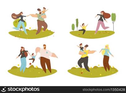 Family Walking with Baby Set. Father and Mother Holding Son by Hands. Parents and Child Characters Spending Time Outdoors Having Fun in City Park, Active Lifestyle Cartoon Flat Vector Illustration. Family Walking with Baby Set. Father Mother Son